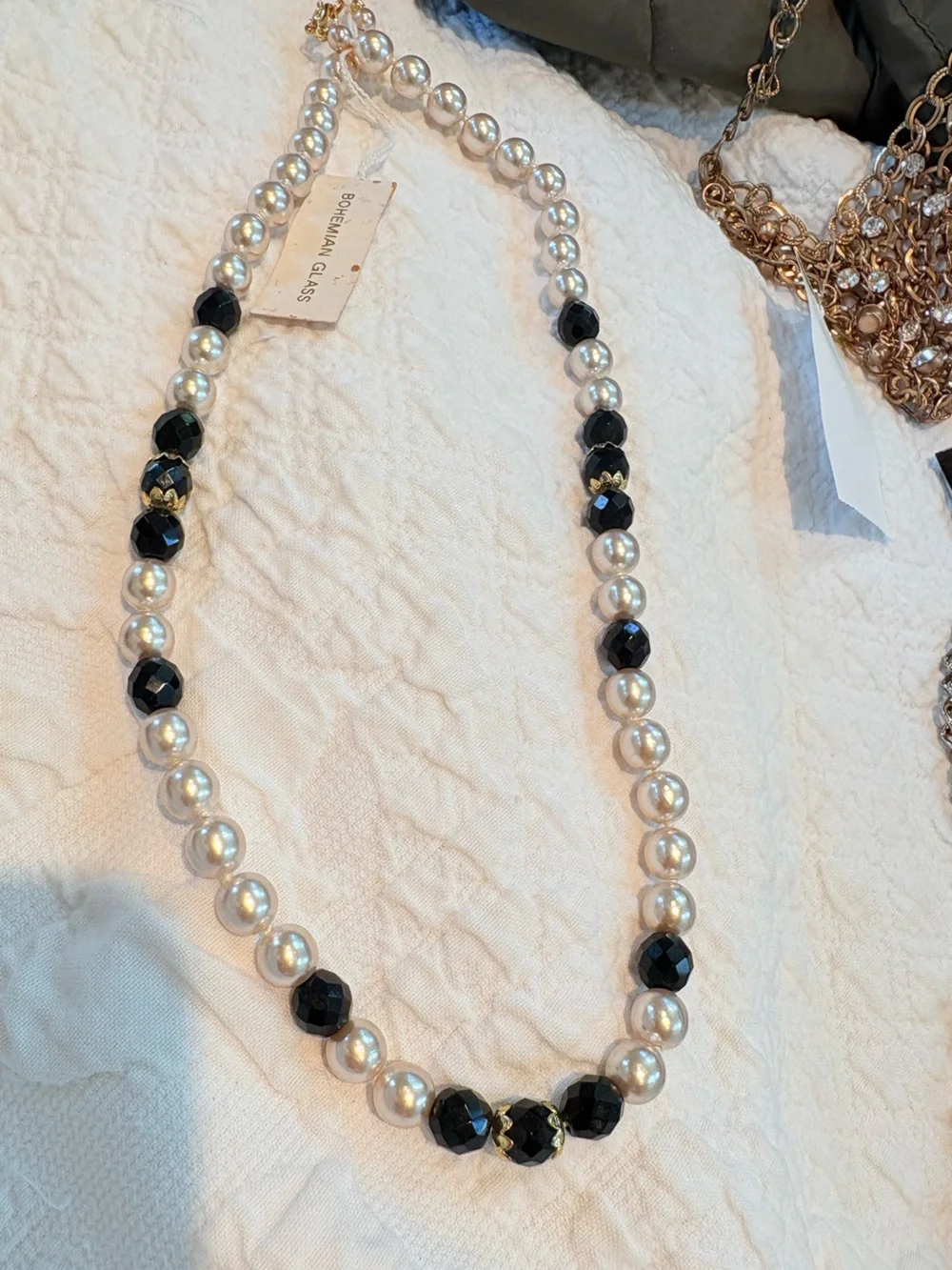 Vintage Czech glass bead Pearl Black Faceted Bead Necklace 24” NWT